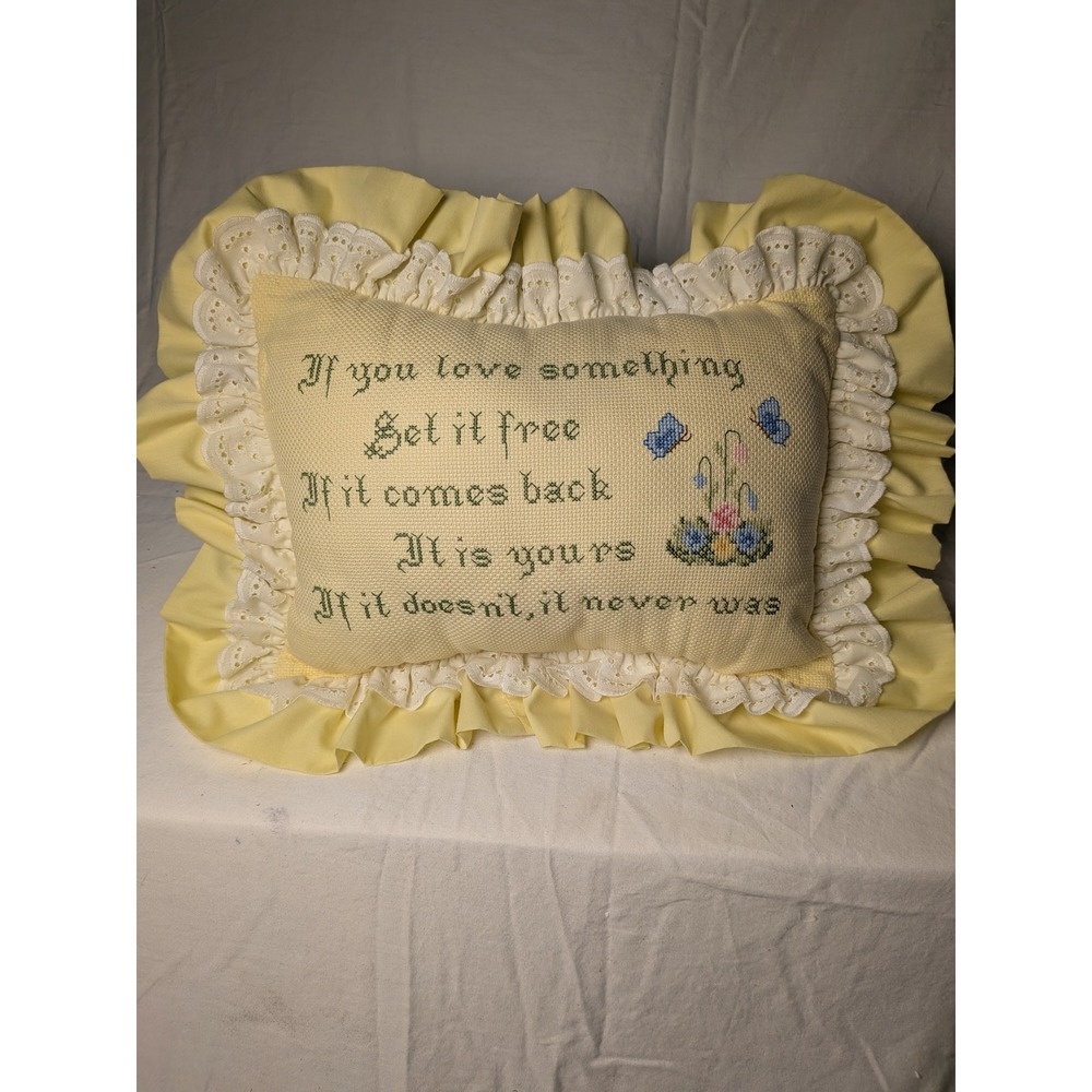 Vintage Handmade Cross Stitch Pillow Yellow Eyelet Lace‎ Ruffle Butterfly Quote